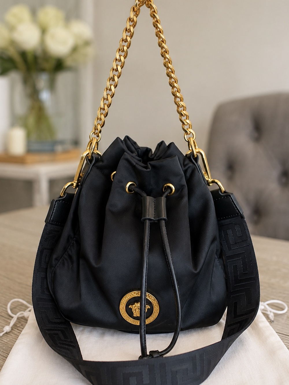 Versace Black Nylon Drawstring Bucket Bag with Gold Chain Strap